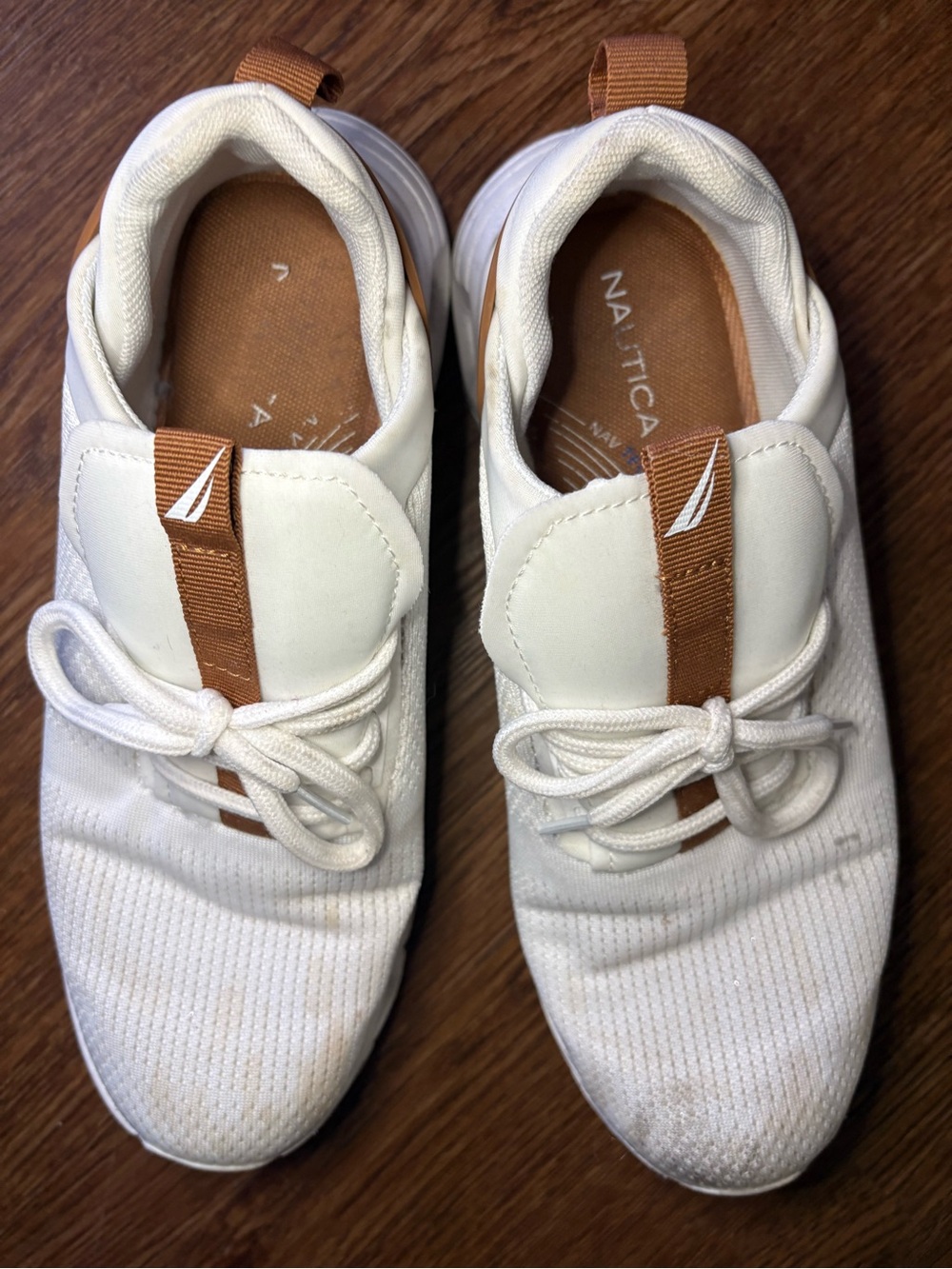 Nautica White Knit Athletic Sneakers with Brown Accents